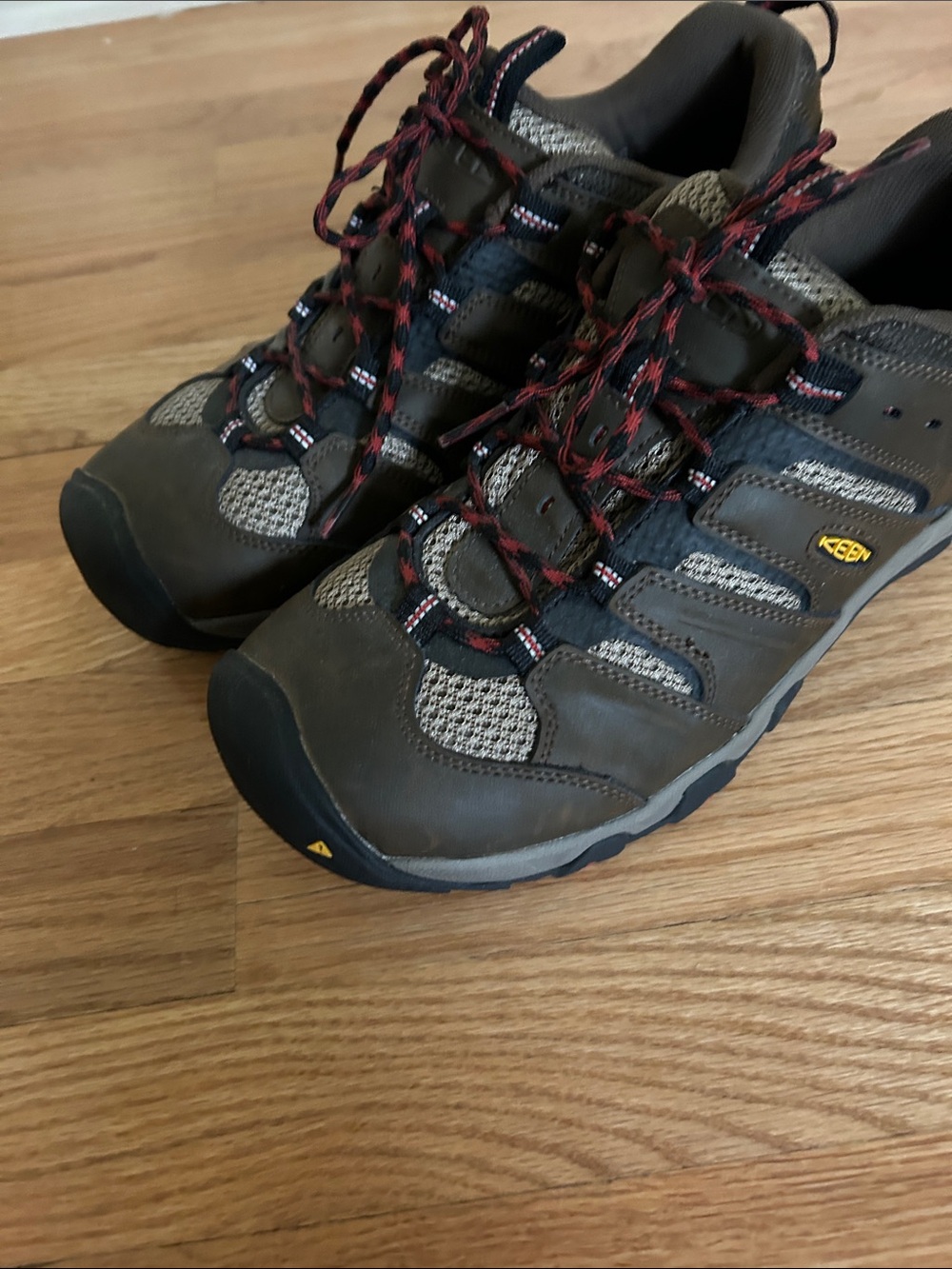 KEEN Brown and Gray Men's Trail Shoes with Red Accents